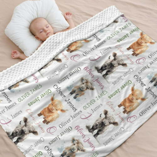 Personalized Highland Cow Baby Blanket with Name Custom Baby Blankets for Girls Double Layer Soft Plush Minky Blanket with Dotted Backing Receiving Blankets Girl Minky Baby Blanket