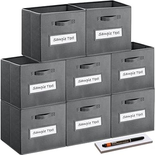 artsdi 13x13x13 storage cube bins(Set of 8) Fabric storage cubes with 8 Labels Window Cards & a Pen, storage cubes 13x13, Collapsible 13 inch cube storage bins, Cubby Organizer Boxes, Gray