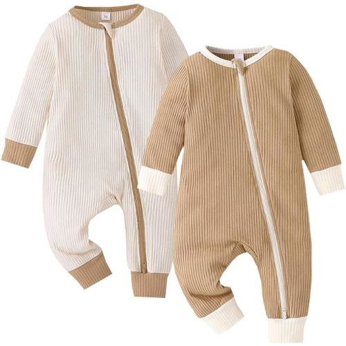 Bafeicao Unisex Baby Boy Girl 2 Pack Rompers Long Sleeve Two Way Zipper Romper One Piece Jumpsuits Clothes Sets - 3-6 Months - Beige+apricot