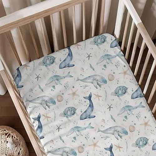 Ocean Whale Sea Turtle Starfish Pattern Baby Crib Sheets, Unisex Sea Animals Theme Nursery Fitted Bed Sheet for Boys Girls Standard Crib and Toddler Mattress-28x52