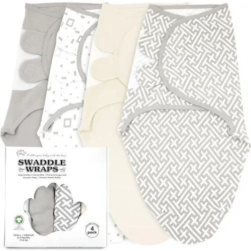 Bublo Baby Swaddles for Newborns - 4 Pack Organic Baby Swaddles for 0-3 Months - Baby Swaddle Sleep Sack - Infant Sleeping Swaddle Sack - Swaddle Blanket Wrap Boy Girl (Geometric Grey-Cream)