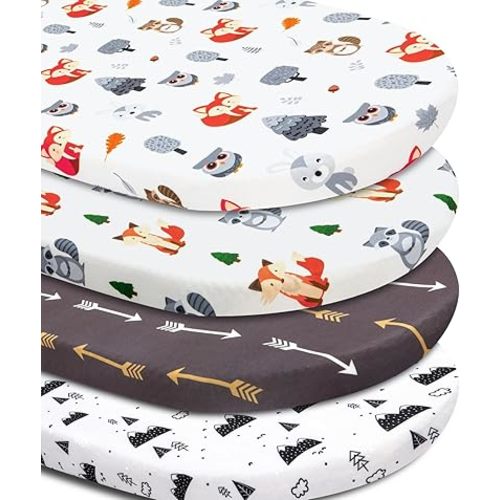 4 Pack Bassinet Sheets Woodland Forest Animals Wood Neutral Unisex Fitted Baby Bassinet Sheets Set for Standard Bassinets for Baby Boys or Girls