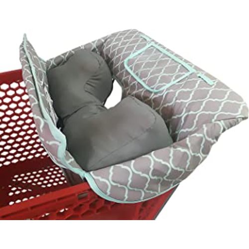 Soft Pillow Attached 2-in-1 Shopping Cart and High Chair Cover for Baby, Cotton Padded Cart Cover, Fold'n Roll Style, Portable with Carry Bag (Grid)