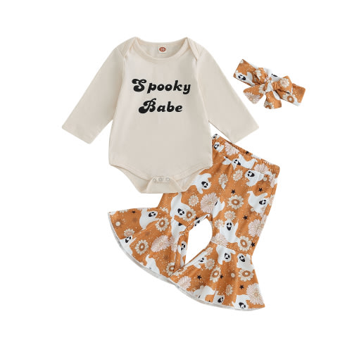 Newborn Baby Girl Halloween Outfits Long Sleeve Romper Tops Pumpkin Bell-Bottom Flare Pants Headband Infant Fall 3Pcs Clothes Set