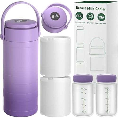 Portable Breast Milk Cooler with Touch Temperature Display, Milk Chiller with 2x9.5oz BPA-Free Bottles, 360° Cooling for 24 Hours & TSA Approved, Travel Breastmilk Storage for Work, Outdoor Moms
