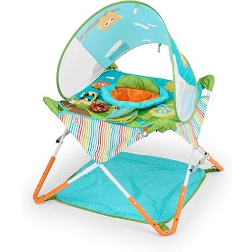 Bright Starts Pop 'N Jump Portable Activity Jumper, Indoor/Outdoor Use, Owl Forest with 4 Sensory Toys, Ages 6-12 Months