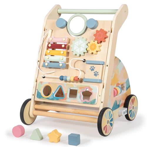 LOL-FUN Wooden Baby Walker with Detachable Busy Board, Push Walker for Baby with Adjustable Speed Wheels, Activity Learning Walker for Boys Girls 6-12 Months