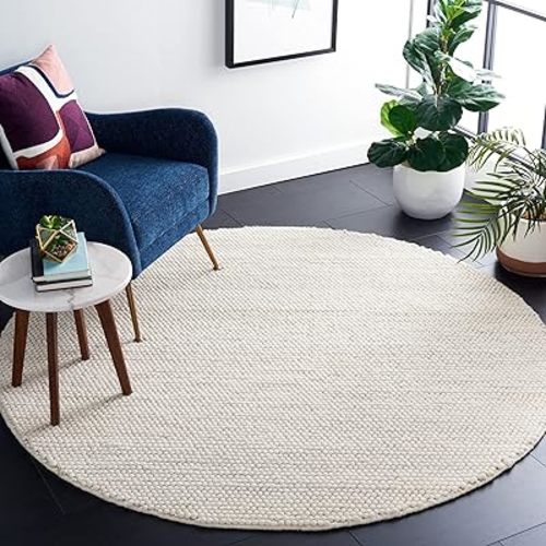 SAFAVIEH Natura Collection Area Rug - 5' Round, Ivory, Handmade Textured Wool, Ideal for The Living Room, Bedroom, Dining Room (NAT620A-5R)