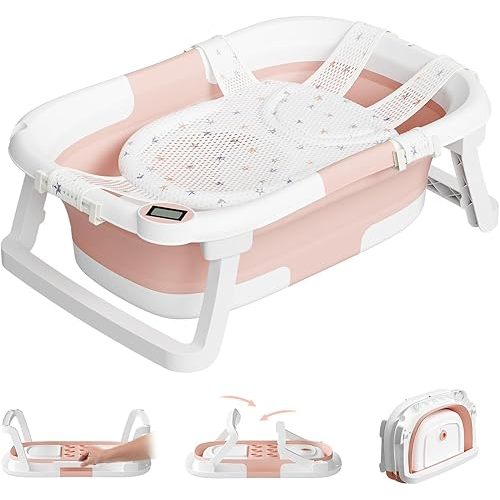 Collapsible Baby Bathtub,Baby Bath Tub with Soft Cushion & Thermometer,Baby Bathtub Newborn to Toddler 0-36 Months,Portable Travel Baby Tub,Pink