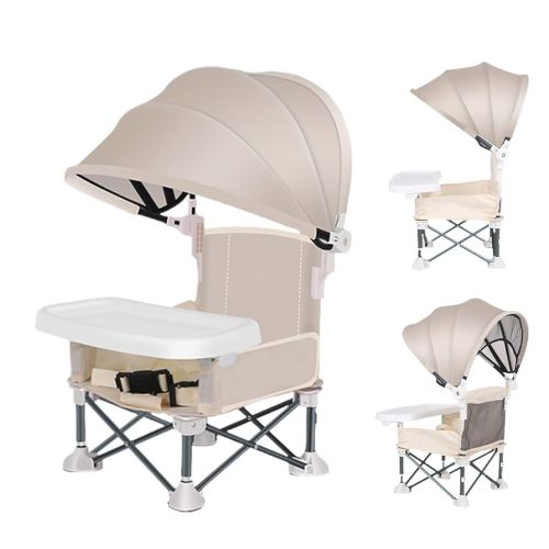 Foldable Baby Travel Seat Booster With Canopy And Removable Tray, Portable Baby Travel Seat Booster, Toddler Camping Chair, Folding Dining Chair, Feeding Chair For Picnic, Beach, Lawn