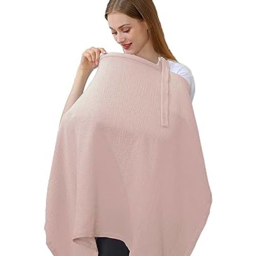 Hicoco 100% Muslin Cotton Breastfeeding Cover, Multi-use Nursing Covers with Arch Neckline, Breathable Nursing Apron (pink)