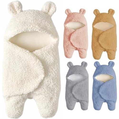 Baby Swaddle Blanket Boys Girls Cute Bear Plush Essential Receiving Blanket Ultra-Soft Newborn Registry Sleeping Wraps for Infant 0-6 Months - White