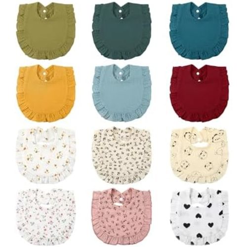 Geyoga 12 Pack Muslin Baby Bibs Adjustable Bandana Drool Bib for Unisex Cotton for Infants Boys Girls Teething