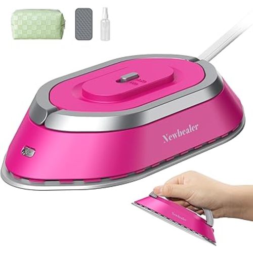 Newbealer Travel Iron with Dual Voltage - 120V/220V Mini Dry Iron for Clothes (No Steam), Non-Stick Ceramic Soleplate, 302℉ Heat Press Machine for Quilting & Sewing, 0.95lbs Lightly (Hot Pink)