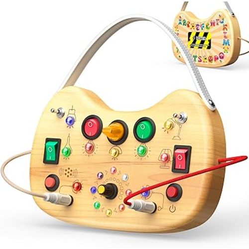 Montessori Wooden Busy Board for Toddlers with LED Light Lights & Switches,Portable Activity Board for Car & Airplane Travel Toys, Christmas & Birthday Gift for 1-3 Year Old Boys & Girls