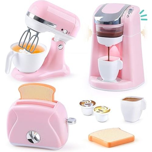 Play Kitchen Appliances Toys - Kids Kitchen Playset Accessories, Pretend Play Toy Sets with Coffee Maker, Mixer, Toaster with Realistic Lights & Sounds, Gifts for Toddler Girls Ages 2 3 4 5 6 7