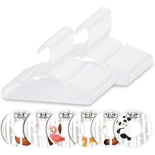 Minnebaby Plastic Baby Hangers 60 Pack, Ultra Thin No Slip Infant Nursery Clothes Hangers with 6 Pcs Cute Clothing Dividers for Boys & Girls Closet Organizer, White Kids Hangers