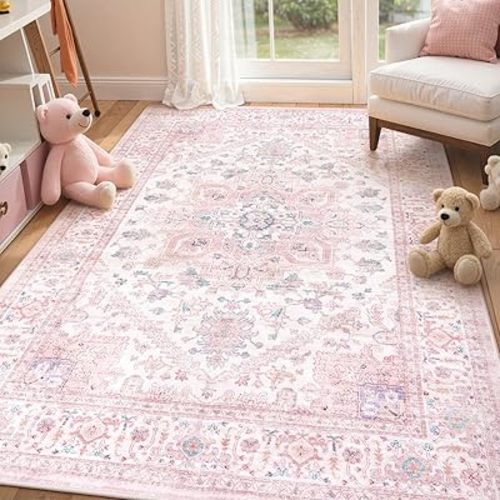 LIVEBOX Pink Washable Area Rug 8x10 - Large Vintage Tribal Living Room Rug Oriental for Bedroom, Non-Slip Retro Medallion Carpet Print Distressed for Dining Room Nursery Dorm Home Decor