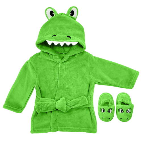 Baby Robe - Soft Plush Bath Towel Robe Spa Set - Baby Bathrobe Towel & Slippers for Boys + Turban for Girls Robe Set (Green Aligator, 0-9 Months)