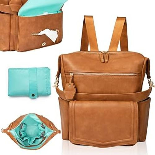 MOMINSIDE Diaper Bag Backpack with 14 Pockets, Leather Baby Bag, Convertible Hobo Backpack, Large Diaper Bag Tote, 6 Bottle Pockets, Wipes Pouch, Insulated Pockets (Brown)