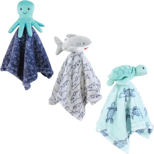 Hudson Baby Unisex Baby Animal Face Security Blanket, Ocean Friends 3-Pack, One Size