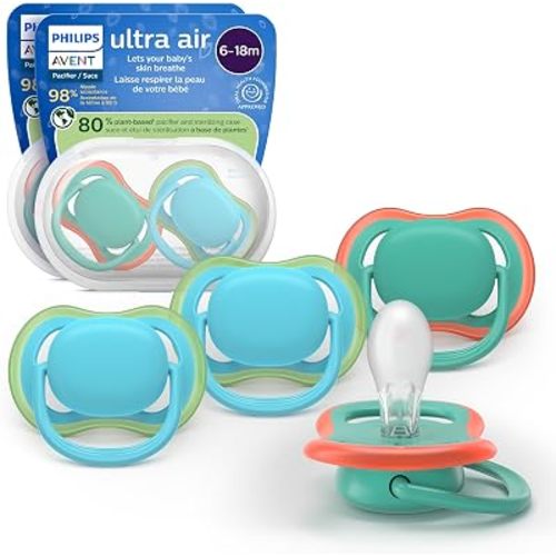 Philips Avent Ultra Air Pacifiers - Orthodontic Design, for Babies 6-18 Months, Soft Silicone Symmetrical Nipple, BPA-Free, 2 Sterilizing Cases, 4 Pack, SCF087/24