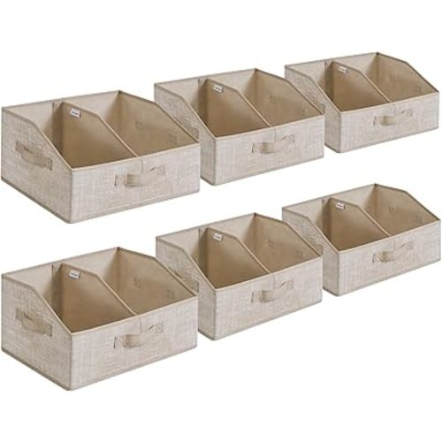 SONGMICS Set of 6 Storage Baskets, Foldable Storage Bins, Fabric Boxes, 15.7 x 11.8 x 7.9 Inches, Closet Storage Organizers, 3 Handles, for Bedroom, Living Room, Sand Beige URFB0140K01