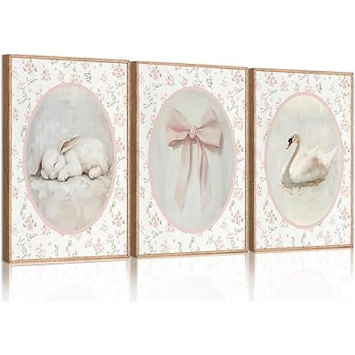 3Pcs Pink Vintage Nursery Wall Art Cute Animal Rabbit Swan Bow Flower Canvas Posters Prints Baby Girl Room Picture Wall Decor for Girls Room Bedroom Decorations Unframed