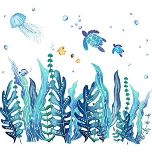 5 Sheets 3D Under The Sea Seaweed Wall Decals Sea Turtles Wall Stickers Ocean Grass Jellyfish Fish Removable Vinyl Wall Sticker for Kids Baby Bedroom Bathroom Living Room Wall Decoration