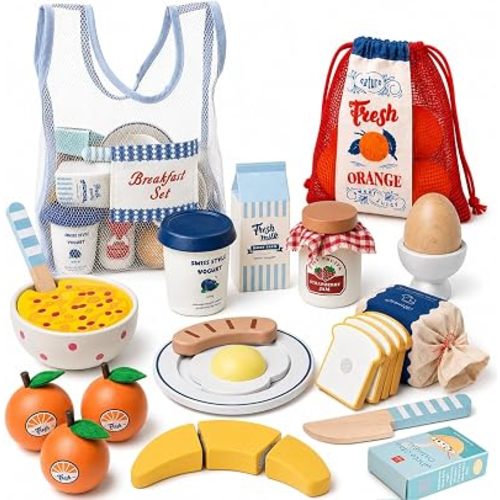 Lehoo Castle Wooden Play Food for Kids Kitchen, Pretend Breakfast Food Set