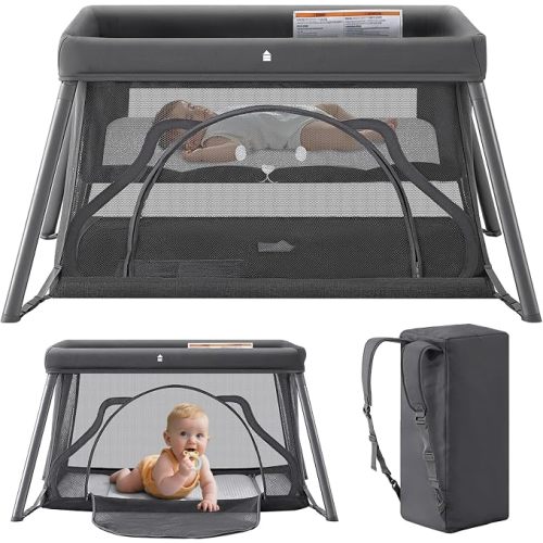 Travel Crib, Portable Baby Crib, Foldable Playpen with Mattress for Babies and Toddler, Pack and Play, Easy Setup Baby Travel Bed, Lightweight Backpack Design & Zipper Door for Outdoor Use(Dark Grey)