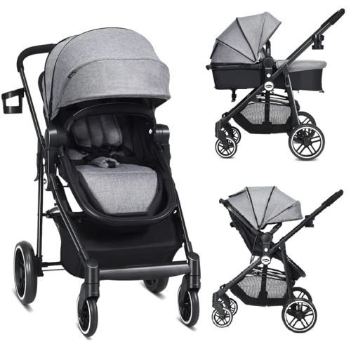 INFANS 2 in 1 Baby Stroller, High Landscape Infant Stroller & Reversible Bassinet Pram, Foldable Pushchair with Adjustable Canopy, Cup Holder, Storage Basket, Suspension Wheels (Volcanic Ash)