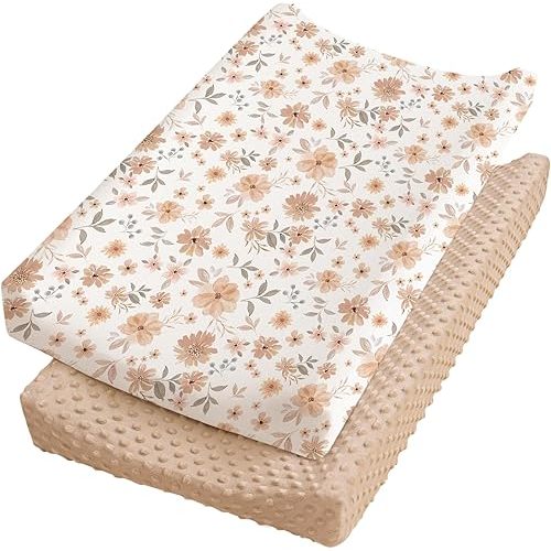 Konssy Minky Changing Pad Cover 2 Pack, Soft Minky Dots Plush Diaper Changing Table Cover Set, Breathable Changing Pad Sheets for Baby Girls Boys (Flourish, Clay)