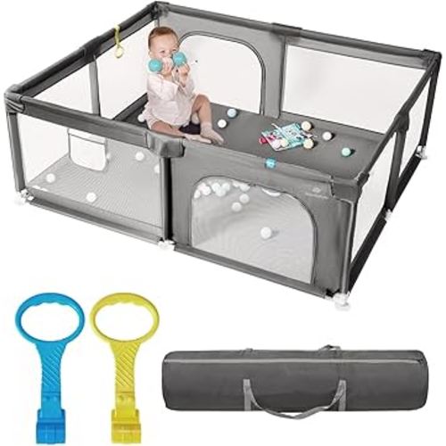 71" x 59" Extra Large Baby Playpen for Babies and Toddlers, Safe Activity Center with Soft Play Fence, Indoor Safety Yard, Easy to Assemble and Clean (Gray)