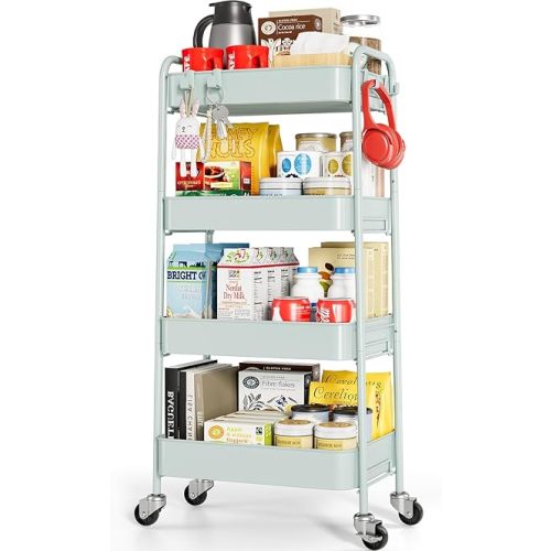 TOOLF 4-Tier Metal Rolling Cart with Wheels, Storage Utility Organizer Cart for Kitchen, Bathroom, Office, Baby Essentials & Makeup - Lockable Casters, Easy Assembly, Large Capacity, Green