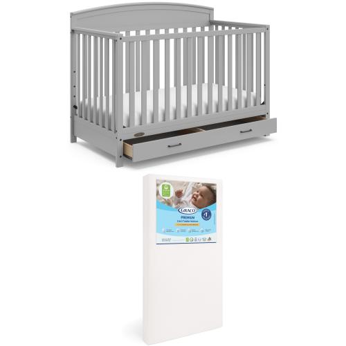 Graco Benton 5-in-1 Convertible Crib with Drawer and Premium Crib & Toddler Mattress Bundle, Pebble Gray