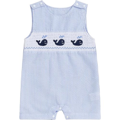 Newborn Baby Boys Sleeveless Seersucker Romper One Piece Straps Overalls Striped Jumpsuit Summer Smocked Clothes