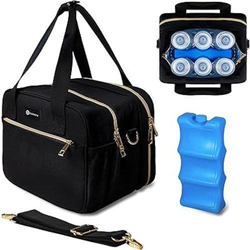 Canero Breastmilk Cooler Bag Insulated Bottle Storage with Shoulder Strap and Ice Pack Fits 6 Bottles Up to 11oz Compatible with Medela Elvie Momcozy Wearable Breast Pumps