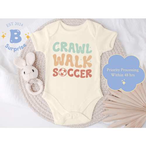 Crawl Walk Soccer Baby Bodysuit - Pastel Retro Unisex Baby Gift - Natural Color Onesie®