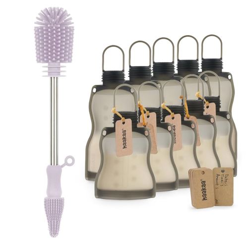 Haakaa Silicone Breastmilk Storage Bags& Cleaning Brush Set-Reusable Leak Proof Breast Milk Storing Freezer Bags for Breastfeeding-Silicone Bottle Brush
