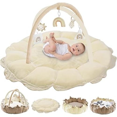5-in-1 Convertible Baby Play Gym with 6 Toys, Tummy Time Mat for Sensory Development, Baby Activity Center from Newborn to Toddler, Ball Pit, Cat & Dog Bed, Soft Plush Pet Bed, No Ball Included Cream