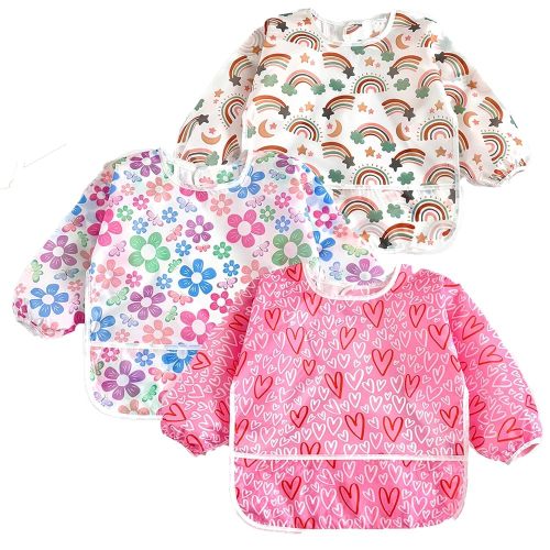 PandaEar 3 Pack Long Sleeve Baby Bibs, Waterproof Full Sleeve Bib for Toddlers, Adjustable Fit for Ages 6-36 Months
