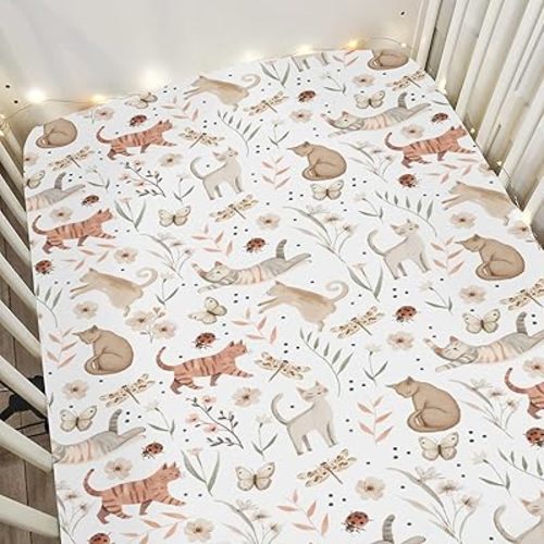 Cute Cat Boho Floral Leaves Baby Crib Sheets for Boy Girl 28"x52" Fun Kittens Meadow Butterflies Soft Snug Fitted Crib Mattress Cover Cats Lover Gift Baby Sheet for Standard Crib and Toddler Mattress