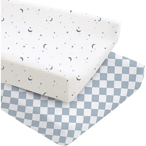 Konssy 2 Pack Muslin Changing Pad Covers, Ultra Soft & Breathable Cotton Baby Diaper Changing Table Covers, Neutral Nursery Diaper Changing Pad Sheets (Dreamfield Sky,Baby Blue Plaid)