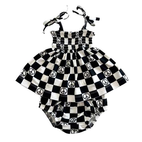 Smocked Set, Black Peace Checkerboard 0-3mo.