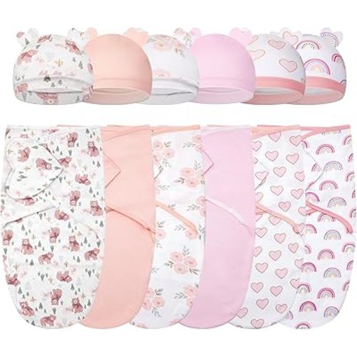 ramede 6 Pack Baby Swaddle Blanket with Hats Sleep Swaddle for 0-3 Months Newborn Sacks Soft Cotton Wearable for Baby Boy Girl Sleeping(Pink, Love)