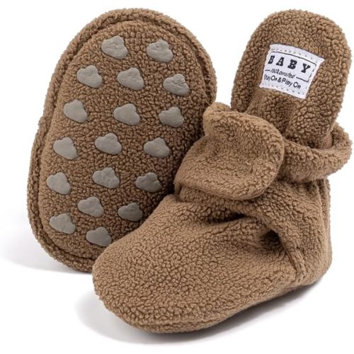 Newborn Baby Boy Girl Soft Fleece Booties Stay On Infant Slippers Socks Shoe Non Skid Gripper Toddler First Walkers Winter Ankle Crib Shoes