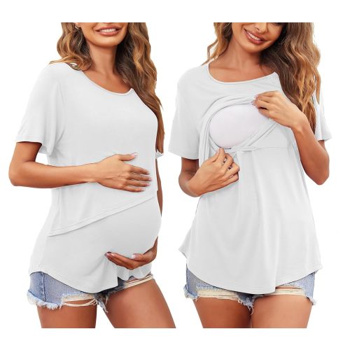 Ekouaer Women Short Sleeve Nursing Shirts Soft Maternity Tops Double Layer Breastfeeding Blouse Round Neck Pregnancy Clothes White L