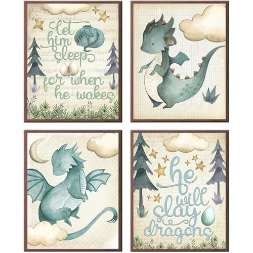 Silly Goose Gifts Let Him Sleep - Dragon Themed Wall Art Prints (Set of 4) Hanging Picture Nursery Kids Room Decor 8x10in