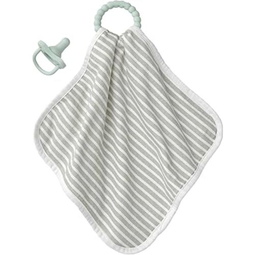 Dr. Brown's Lovey Blanket with Beaded Teether Ring and HappyPaci 100% Silicone One-Piece Pacifier, Soothing Security Blanket Set for Baby, Gray Stripes, 0m+